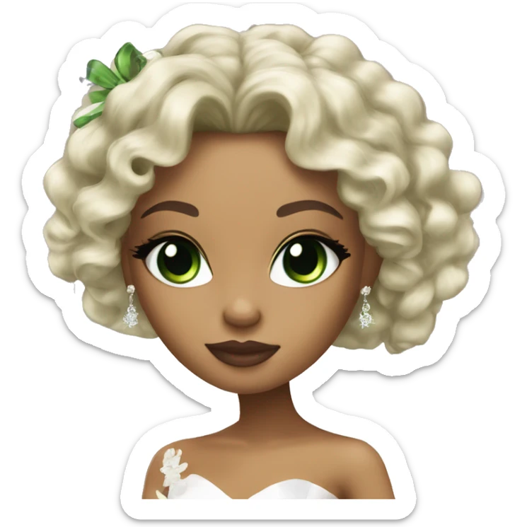 Bratz, bride, black curly long hair, olive skin, green almond cat eyes sticker