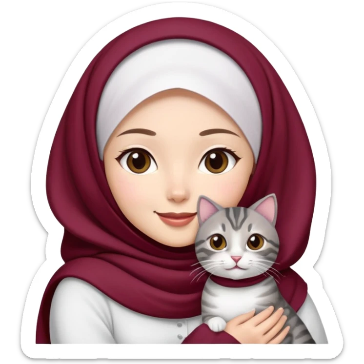 Asian white girl wearing  maroon hijab with white dress holding a black grey tabby cat while smiling sticker