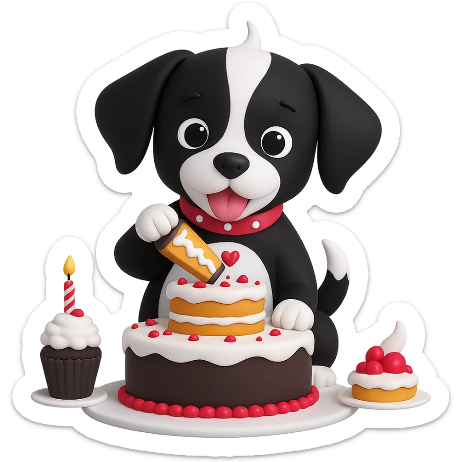 Change the dog's fur color to black and white while preserving the 3D emoji style look. Remove the background. sticker
