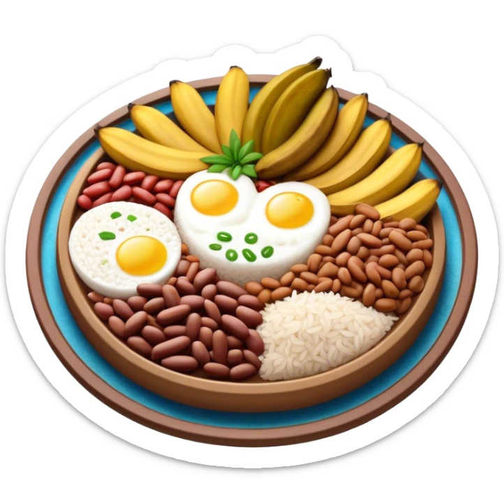 Cinematic Realistic Bandeja Paisa Dish Emoji, depicted as a hearty platter featuring beans, rice, meat, and plantains rendered with detailed textures and vibrant, robust lighting. sticker