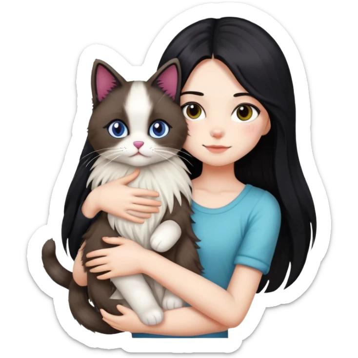 Girl with straight black long hair hugging a colorpoint ragdoll plush toy and a tricolor long-haired cat sticker