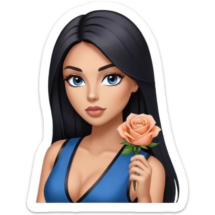 Glamours, tanned, very beautiful girl, with big pump peach-beige-rose lips, long lashes, black straight smooth silky long hair, straight parting hair, blue-grey eyes, black v-neck vest sticker