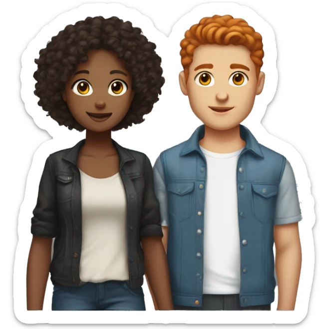 do couples with the girl having short/ medium length red hair and blue eyes, skin not super fair but light and the boy having same skin tone, black curly hair and brown eyes. If emojis of them standing do streetstyle clothing for both.  sticker