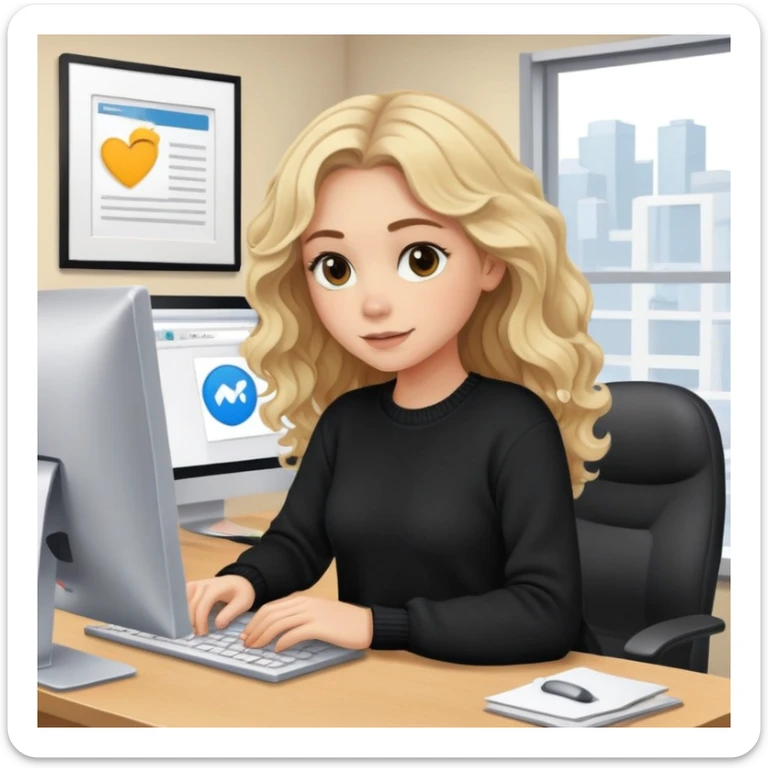 pretty brown-eyed blonde young woman with wavy hair, wearing a black sweater, working on a computer in a cozy office sticker