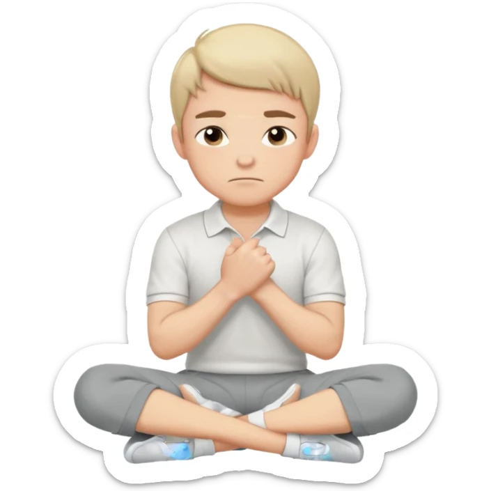 Cartoon boy sitting cross-legged, his fist pressed to his cheek, wearing a white polo and gray pants. He has a smug smirk, eyes looking forward. Clean lines, flat colors, solid black background, vector art, character sheet style. sticker