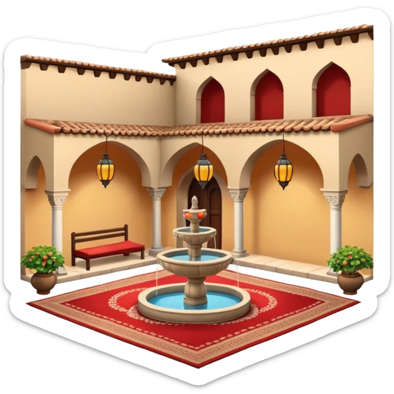 3D Apple-style emoji of a Turkish han courtyard. Square courtyard, small fountain, low arches, hanging lanterns, stacked carpets. Rounded, glossy, soft shadows, bright daylight, white background.





 sticker