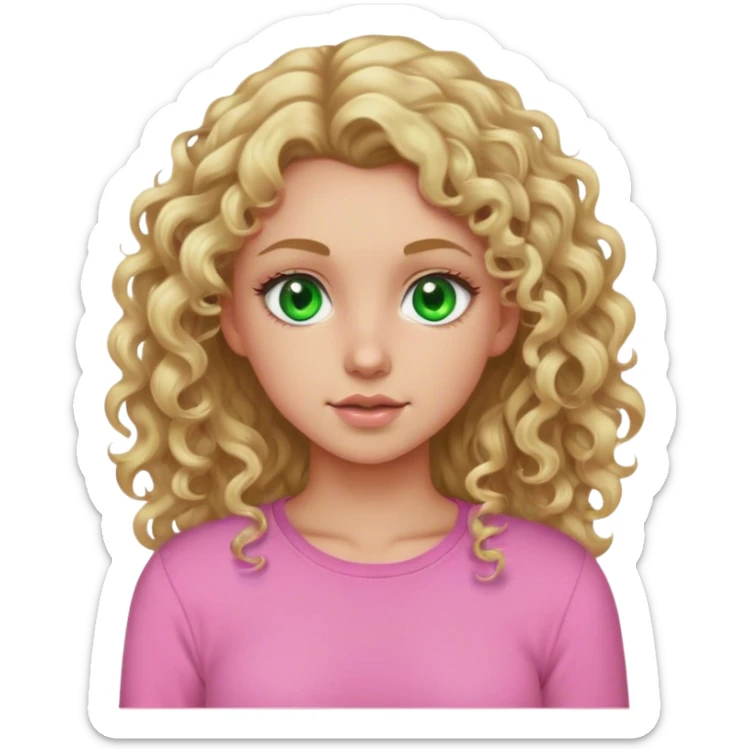 Blonde girl with dirty blonde curly long hair in a pink long sleeve shirt with green eyes portrait sticker