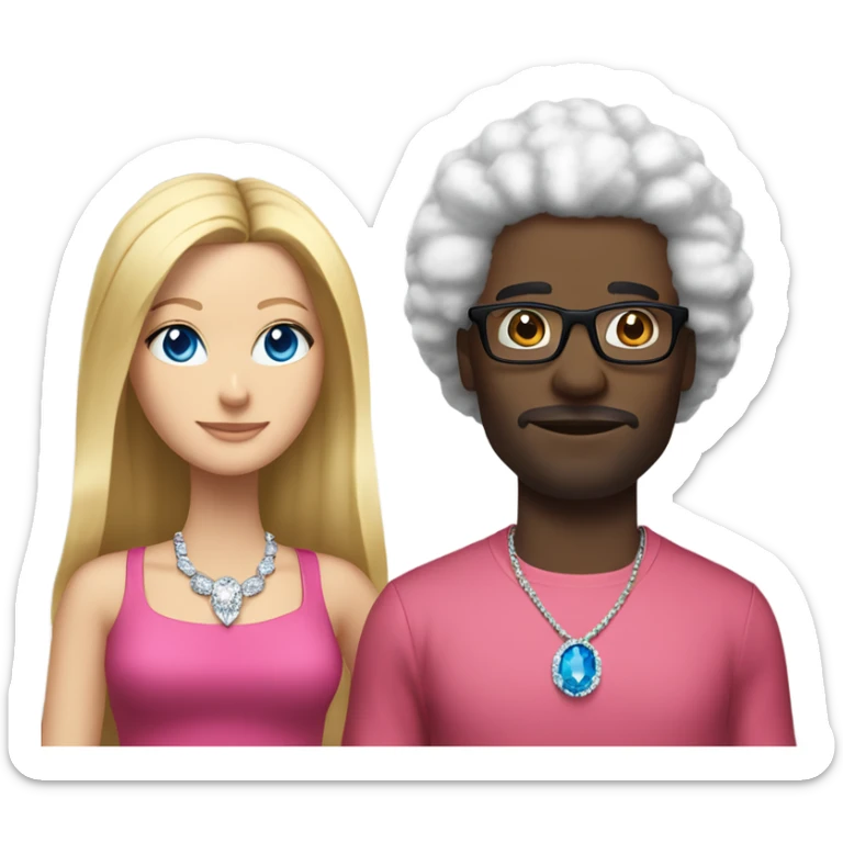 “black man with black afro and glasses and wearing a red shirt standing next to a white woman with long blonde hair with blue eyes wearing a pink dress and a big diamond necklace” sticker