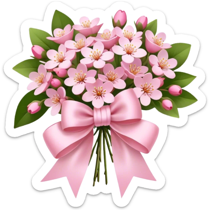 "A bouquet of small pink blossoms tied with a silky bow, gentle and delicate aesthetic."
 sticker