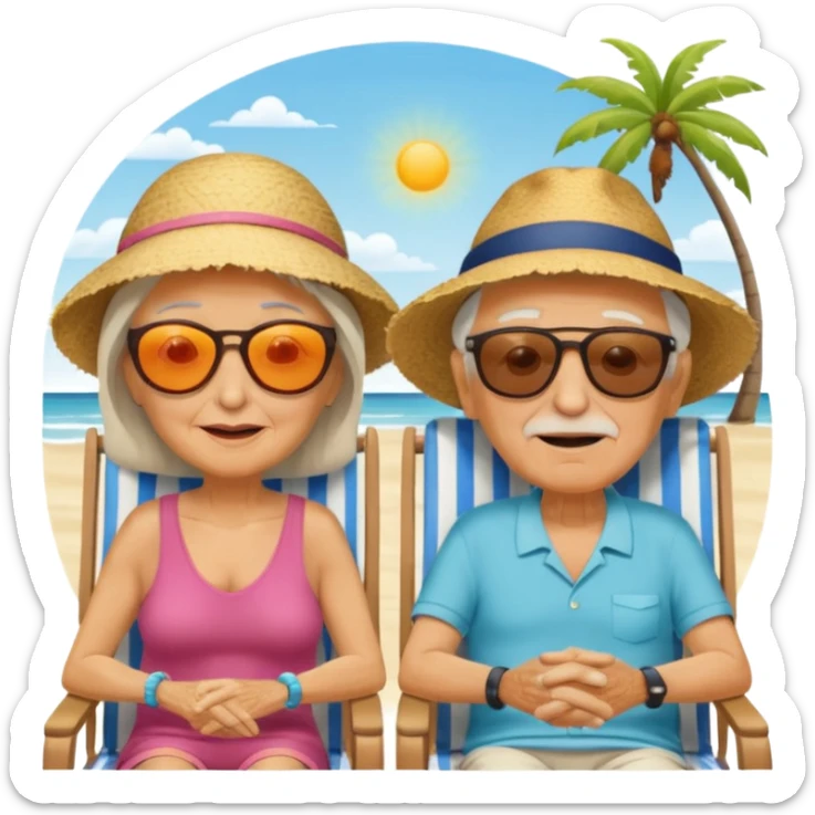 an emoji that shows elderly one woman and one man, both are retired and are lying in sun-chairs at the beach to recover from retiring-stress sticker