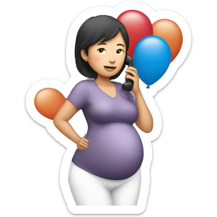 Pregnant Asian woman calls on the phone with balloons in her hands sticker