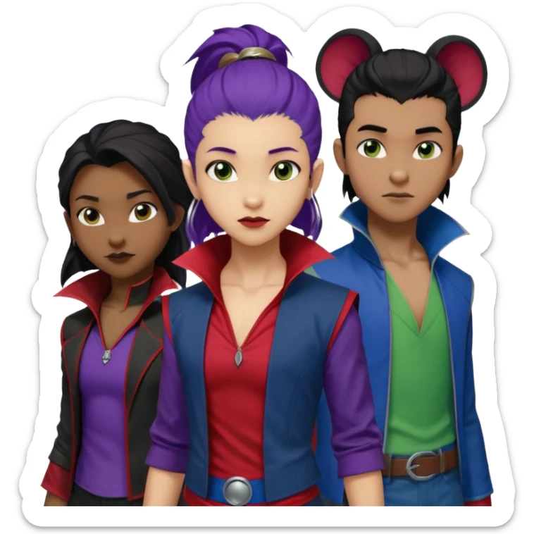 Solo poly platonic relationship, one African girl, one Asian boy, one biracial features Asian tomboy girl rat-tail hair long and upper masculine hair 90s, vampire and marvel cosplay elements inspired  use marvel race, like instead of obvious human, green purple blue etc,  sticker