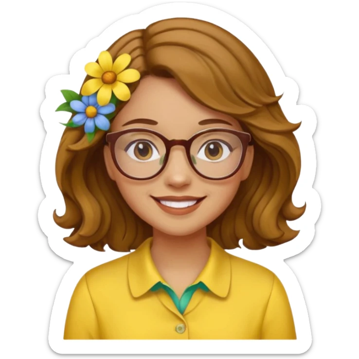 girl with a yellow blouse with flowers, with hair in waves with glasses smiling sticker