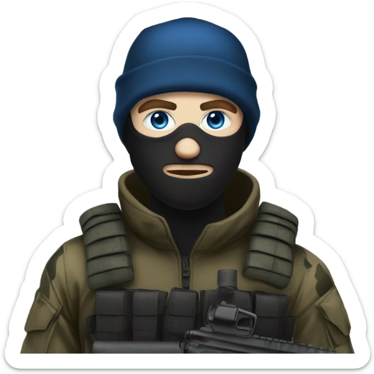male, pale skin, face mask, camo tactical gear, combat boots, black beanie, blue eyes sticker