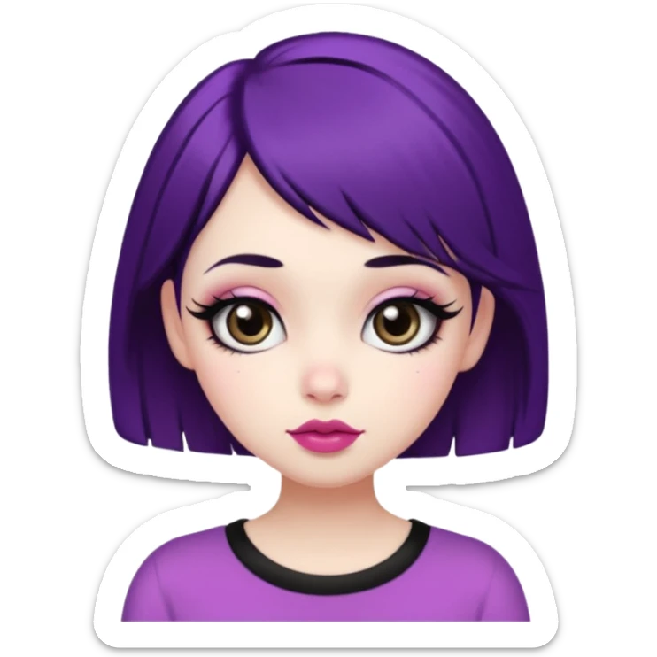 Pretty girly girl,white skin,short black and a little purple hair,big eyes with long eyelashes,big pink cheeks,medium full pink lips, medium nose a little crooked,wear a black short,thick short brown eyebrows sticker