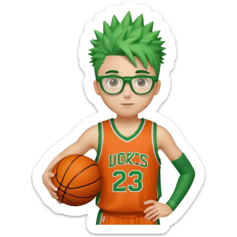 Green-Haired Athlete – Green spiky hair, orange basketball uniform, glasses, holding ball.


 sticker