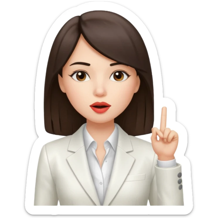 brunette girl wearing a white suit, with straight hair, making a "be quiet" gesture sticker