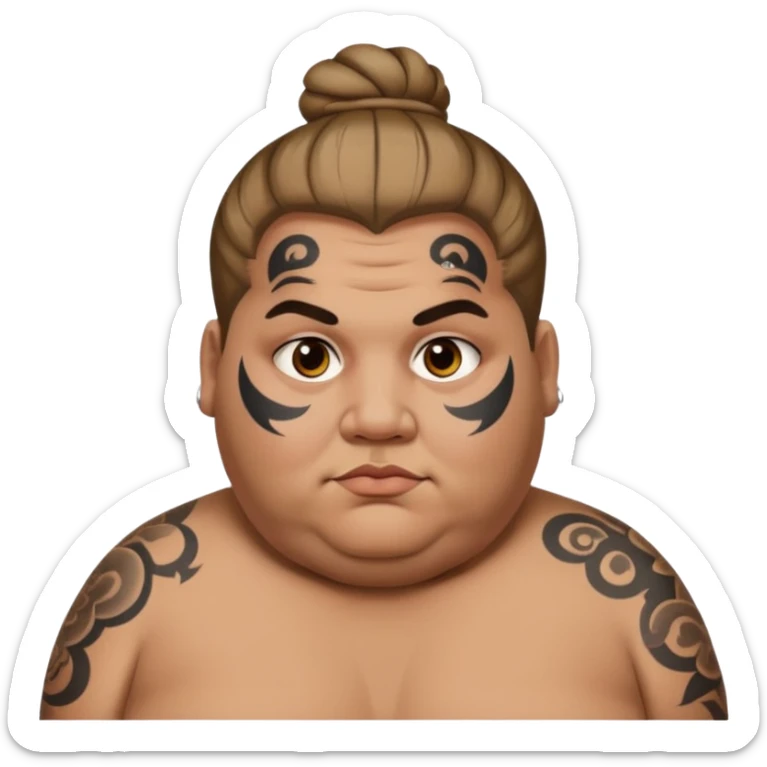 obese man with lots of face tattoo and hair bun sticker