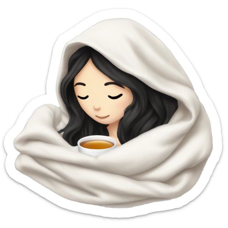 Pale Girl with black hair cozy in a white blanket seeping tea  sticker