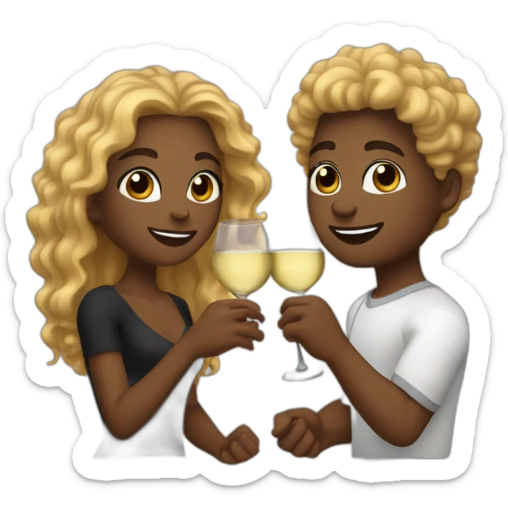 A black female with brown eyes and blond medium long hair and a black male with brown eyes and black hair curly, they toast to each other with a glass of white wine. sticker