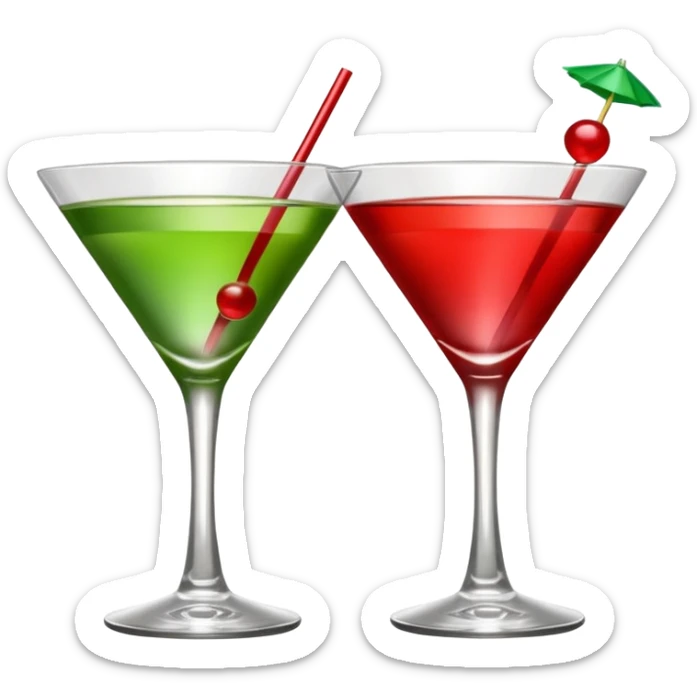 two realistic glasses of cocktail in emoji style, one is red color and one is green, martini glass shape, no straw, no fruit, no ice, no Cocktail sticks sticker