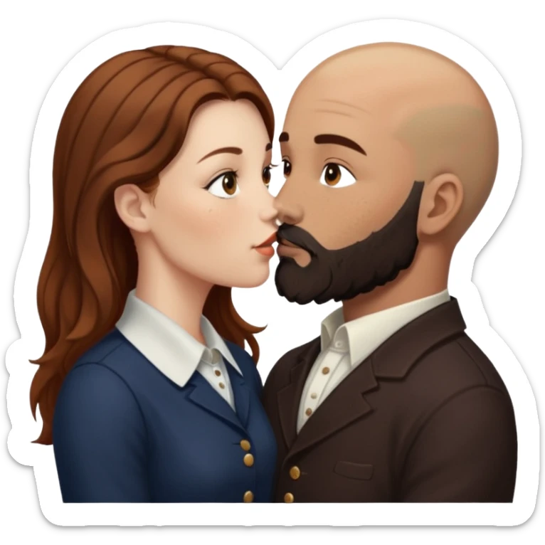 Couple. Bald man with dark brown-black beard. White woman with many small, faded freckles, she has white skin and she has auburn-brown-cinnamon, dark long hair. She has light brown eyes. The man have hazel eyes. She have light eyes. Retro style. She kisses him. Dark akademia. sticker