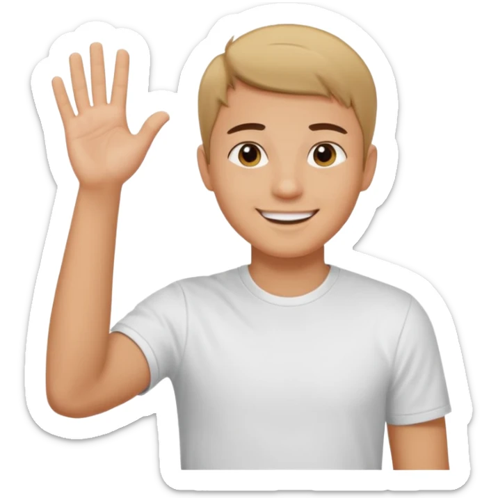 joven trigueño corte de pelo muy cortito polera blanca sonrisa bonita saludando mano arriba sticker