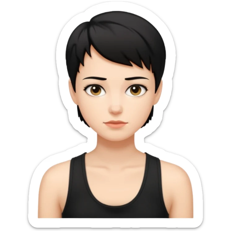 a white woman with short tomboy black hair wearing men's black tank top sticker