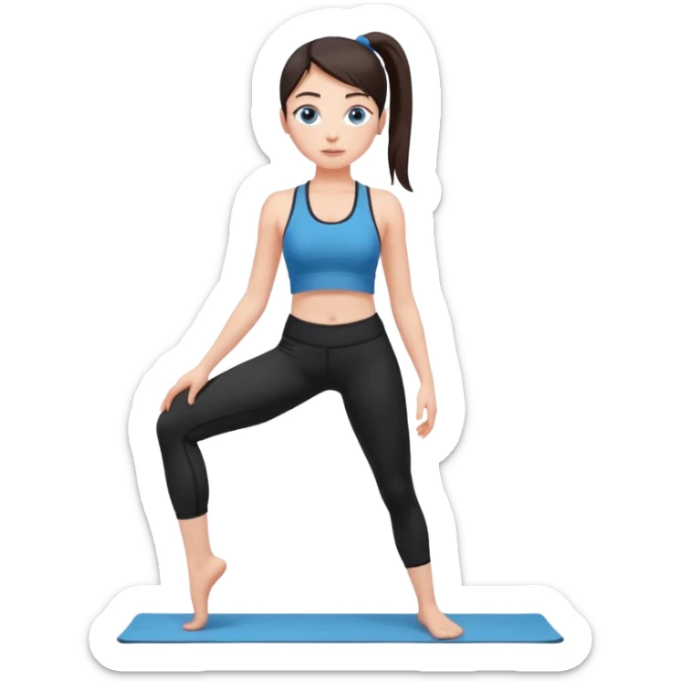 A girl with fair skin and a caring blush. Her eyes are big, expressive, blue. Her hair is long, straight, dark brown.
 in a ponytail, she is wearing black leggings and a black sports bra. in tadasana yoga sticker
