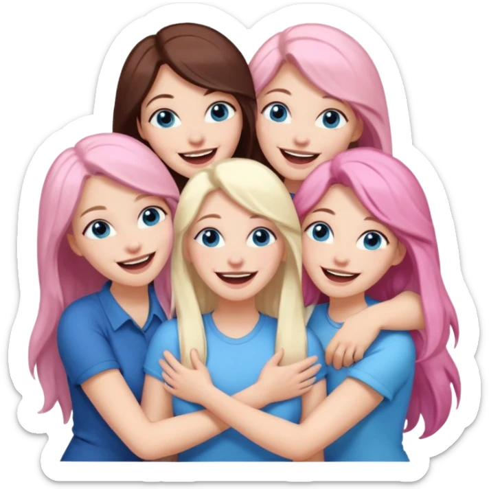 four adult white women laughing and hugging.  Two have long dark brown hair.  One has long pale pink hair and blue eyes. one has with blue eyes and light blonde hair. sticker