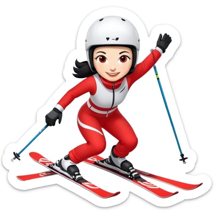 Skifahrerin Abfahrtshocke Anzug rot weiss Schriftzug Stephanie Ski Schriftzug Head schwarze Haare lächeln  sticker