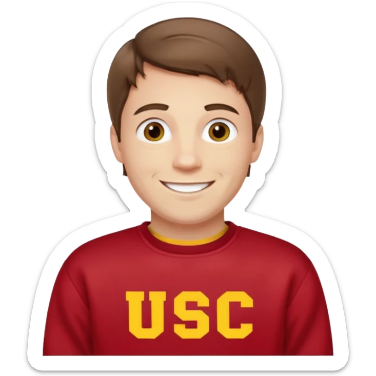 happy pale white man with brown hair in a red sweatshirt with USC in yellow letters sticker