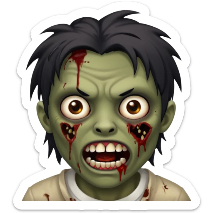 zombie with brown skin, messy black hair, wide centered brown eyes, dark bloody marks under the eyes, and a slightly open mouth showing crooked teeth grillz, giving a distressed, undead look. sticker