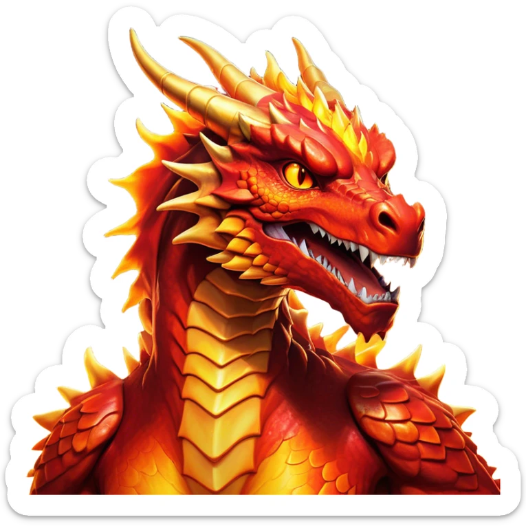 Cinematic Noble Fierce Fire Dragon Portrait Emoji, Poised and imposing, with a muscular, scaled body ablaze in fiery hues of crimson, molten orange, and molten gold, and intense, burning eyes that mirror the heart of a volcano; rendered with lifelike texture and dynamic natural highlights, high shine, formidable and intense, styled with an aura of scorching mythic power, focused and resolute, soft glowing outline, capturing the essence of a legendary inferno poised to ignite the screen with timeless ferocity! sticker