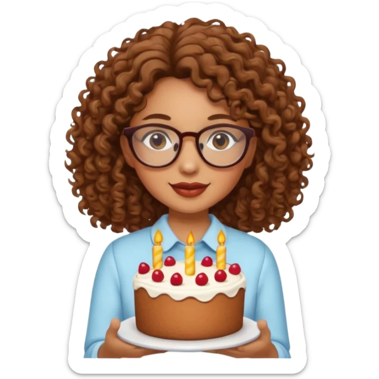 Tanned girl with brown curly hair wearing glasses with a cake  sticker