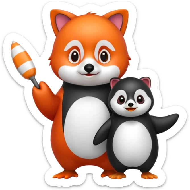 A cartoon  cute cartoon penguin. Next to it is a cartoon red panda holding its flipper  sticker