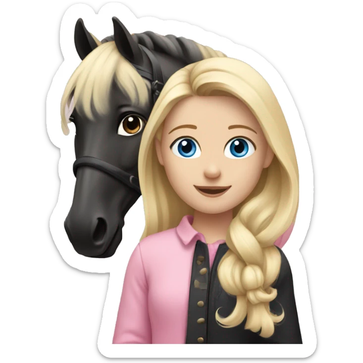 blonde girl with blue eyes wearing pink playing with her black horse sticker