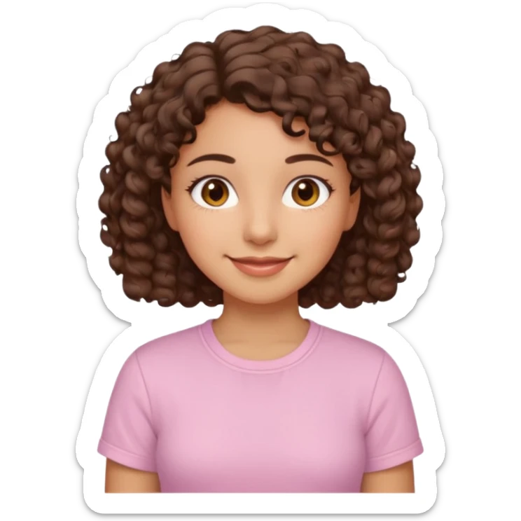 A Latina girl with brown eyes and short curly hair with a light pink shirt sticker