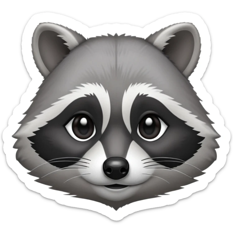 Cinematic-Noble-Raccoon-Portrait-Emoji – Poised and confident, with a sturdy build and a beautifully textured fur of silver-grey accented by dark black facial markings, deep-set, cute big black eyes, simplified yet sharp and sophisticated zoom out to show shoulders sticker