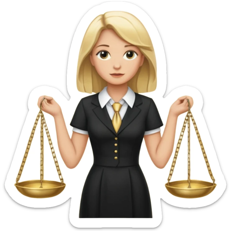 woman lawyer blanche et blonde avec des cheveux mi-long; elle est habillée avec une longue robe noire et un col cravate blanc; la balance de la justice apparaît dans l'ombre derrière elle sticker