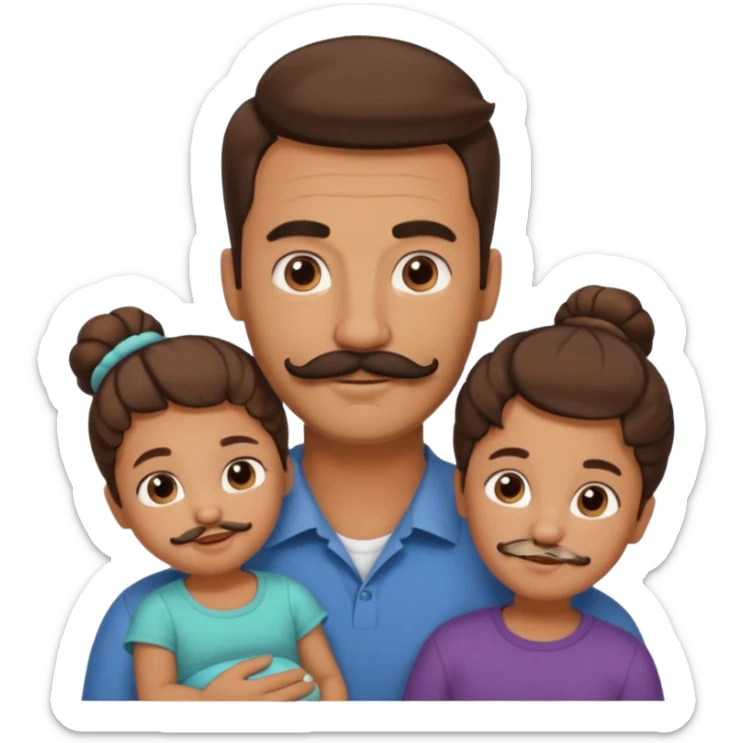 brown family with mom dad teenage daughter toddler son and baby. moms hair is in a bun and dad has a mustache and beard sticker