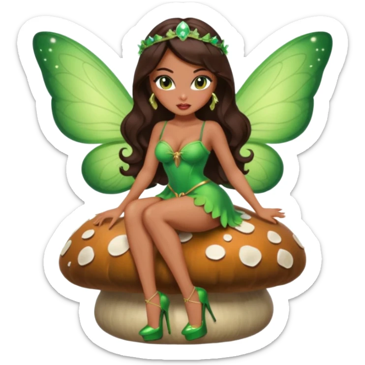 A sexy, super pretty bratz girl with caramel skin. Huge tits. Dark brown hair and brown eyes. She has freckles. Wearing sexy makeup. Wearing a green fairy costume and heels and flying nsfw sitting on a mushroom sticker