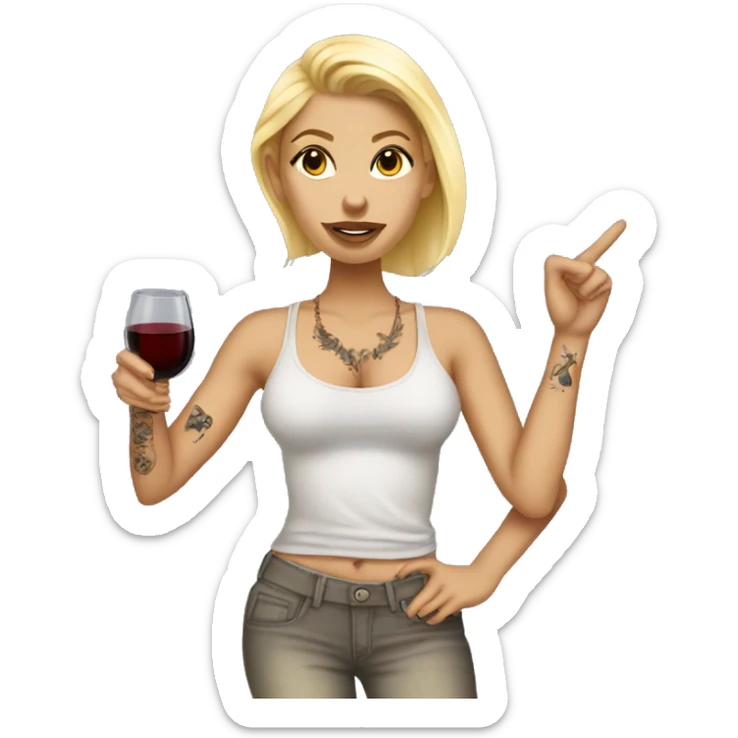 Blonde women in, her body covered with tattoos, wine in her one hand and pointing you with other hand with her pointer finger sticker