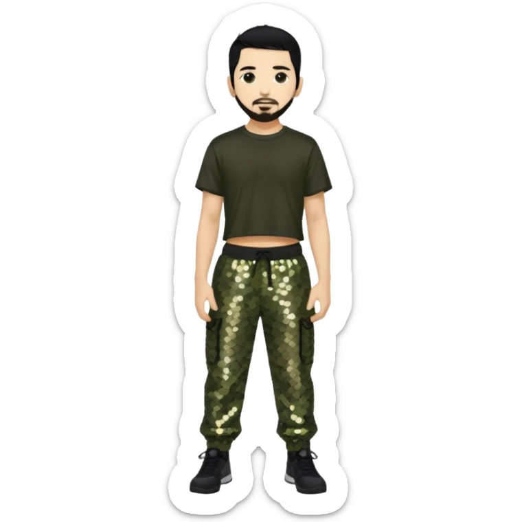 Mike Shinoda with black hair, black sequin crop top, olive sequin baggy pants sticker