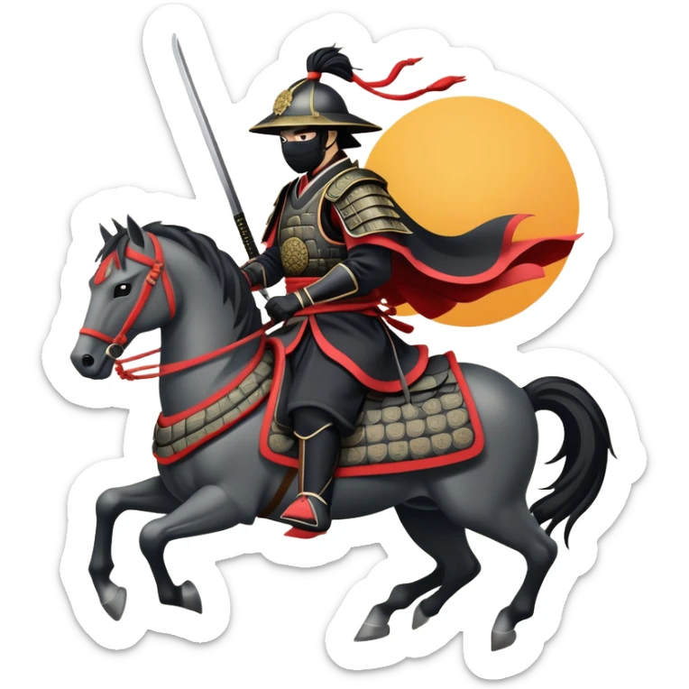 clash-of-clans-aesthetic_-cinematic-fearsome-and-majestic-samurai-bust-portrait-emoji, rendered in a flat, vector-style with minimal shading and bold, simplified shapes typical of emoji art, depicting a battle-hardened samurai with black mask and traditional black Japanese armor. The samurai is riding a noble grey warhorse adorned with an intricately designed saddle and fluttering banners and a rising sun. a samurai riding on a  horse sticker