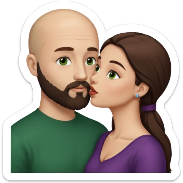 Man beard bald white dark green eyes, woman medium hair brown brown eyed latina kissing sticker