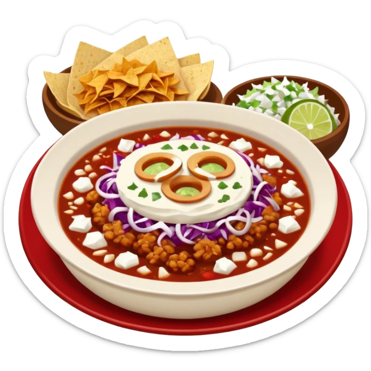 hot pozole rojo with steam, hominy, and sides: onions, shredded cabbage, lime wedges, red chile de arbol salsa, and tostadas lightly smeared with sour cream sticker