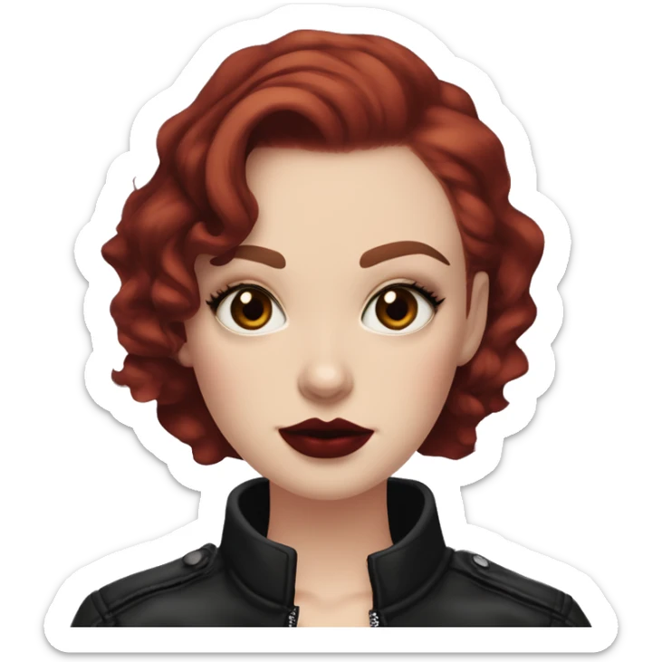 Girl with very pale skin, bright red curly short hair with a side part, black cat-eye makeup, long eyelashes, dark maroon blush and lipstick.  Her eyebrows are dark, arched and very high.  Hazel eyes. Big lips. Thin. Wearing a leather jacket  sticker