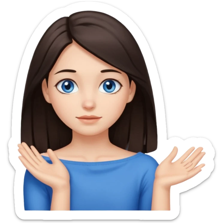 Girl with dark brown hair thats about shoulder lenght with blue eyes covering their neck with two hands without clothes sticker