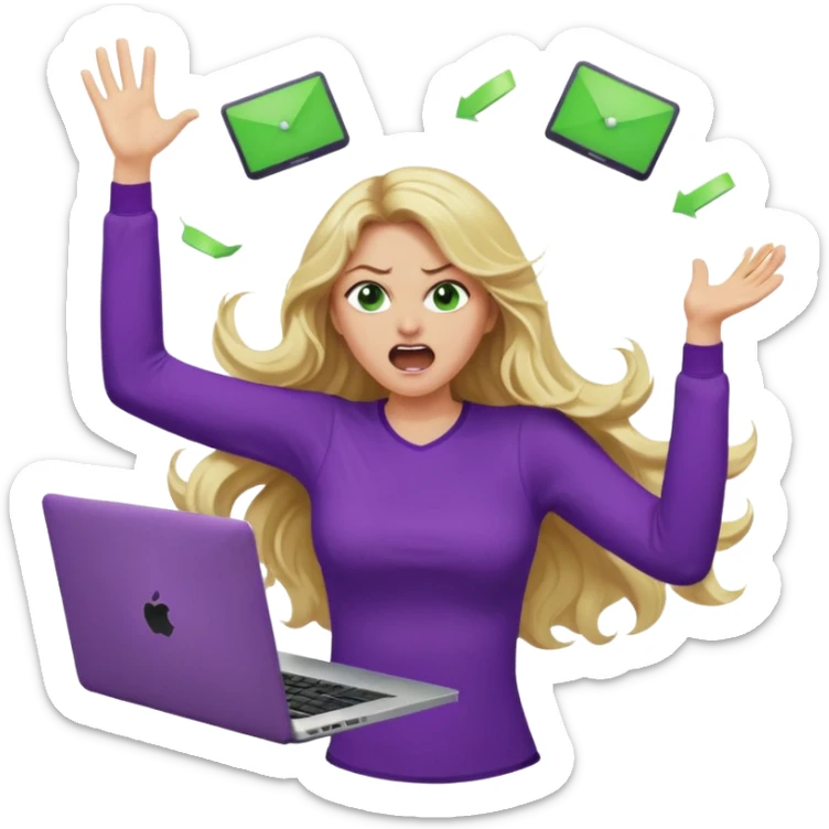 lady with long blonde wavy hair, purple top, green eyes throwing her with a laptop hands in the air screaming sticker